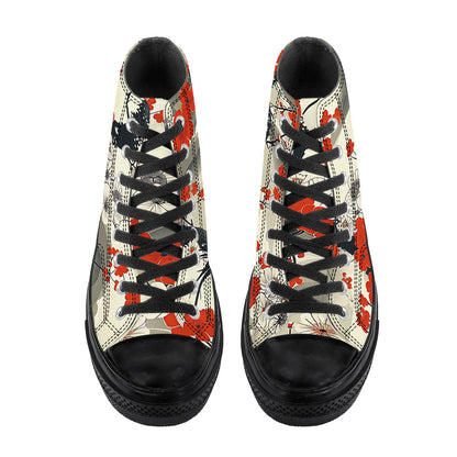 Pair of high-top sneakers with floral pattern on a white background
