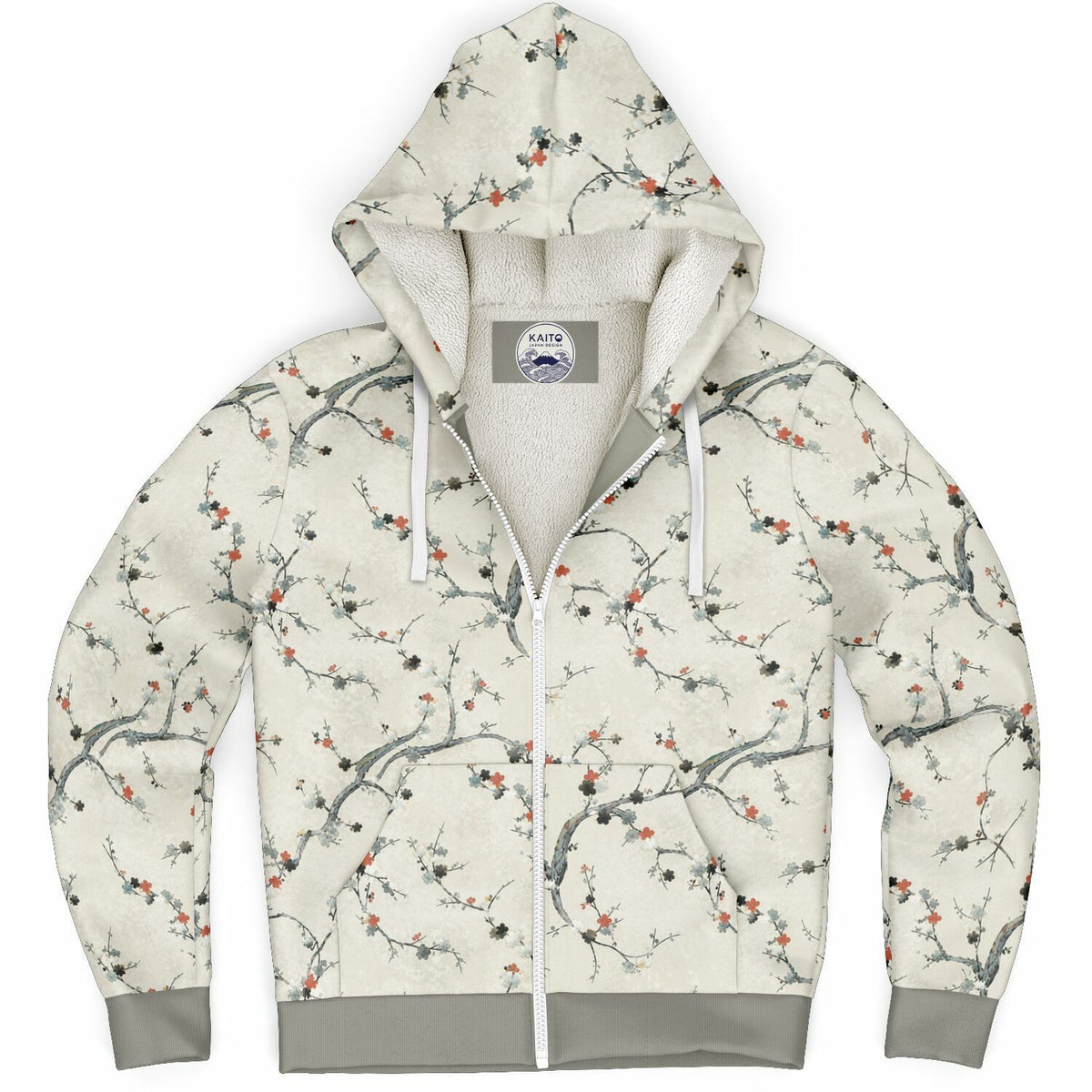 A zip-up hoodie with a beige and white floral branch pattern, featuring a white fleece lining, white drawstrings, and gray ribbed cuffs and hem.