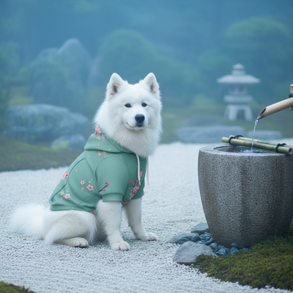 White dog wearing a green hoodie with floral patterns in a Japanese garden setting.
