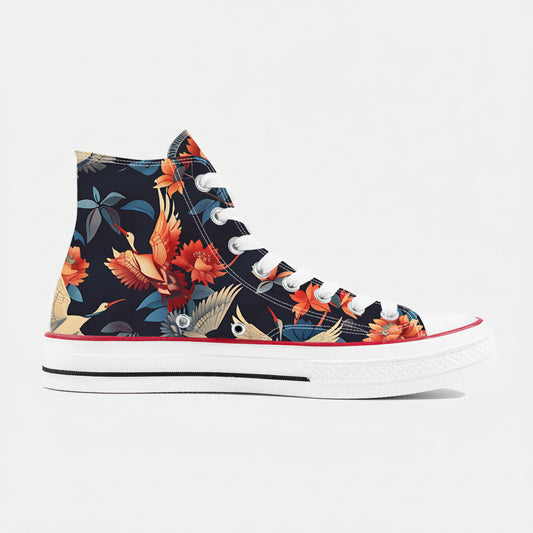 Premium high-top canvas sneakers featuring a traditional Japanese art print of white cranes in flight among blooming peonies and seasonal flowers on a black background