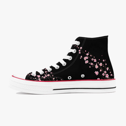 Black high-top sneaker with pink floral design on a white background