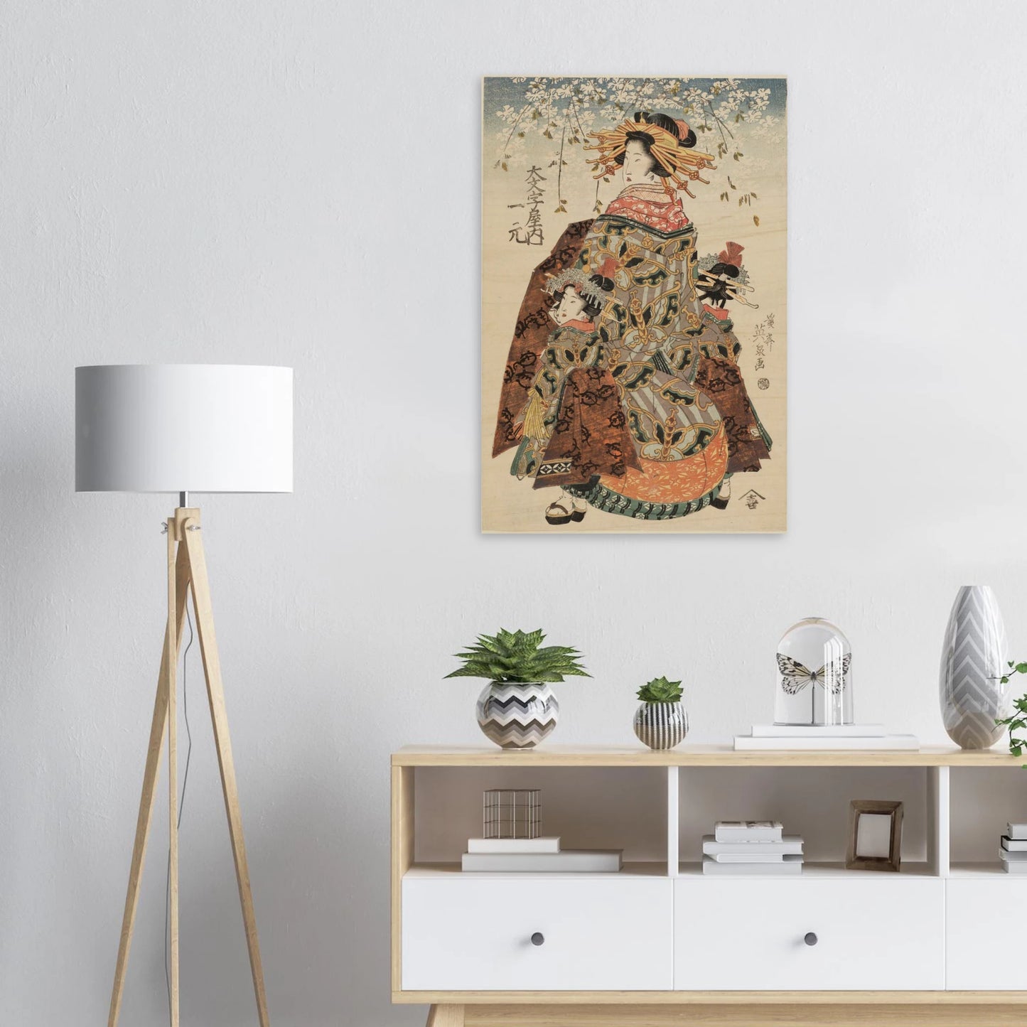 Room interior with a lamp, shelf, and decorative painting on the wall.