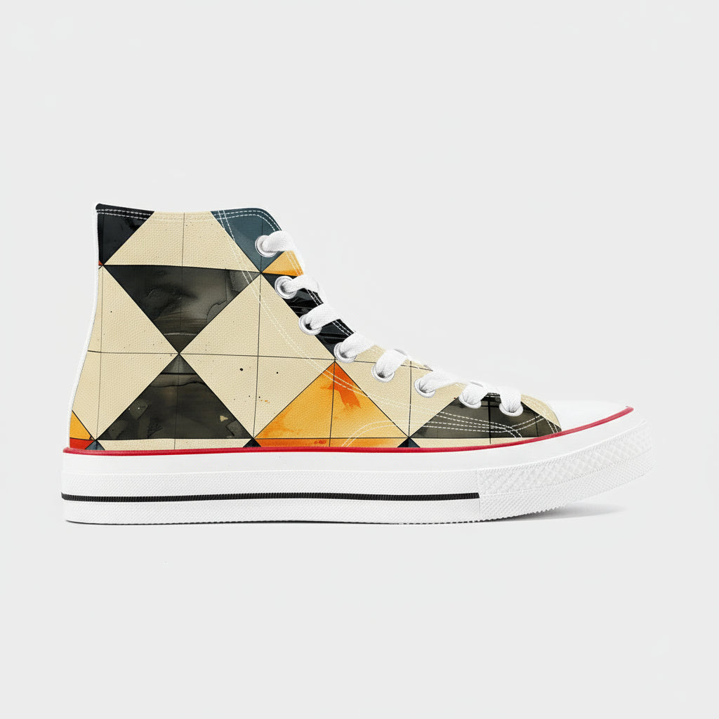 High-top sneaker with geometric pattern on a white background