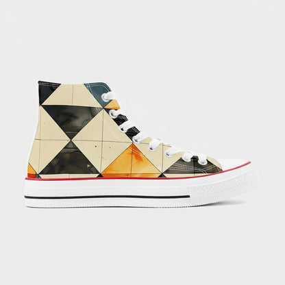 High-top sneaker with geometric pattern on a white background