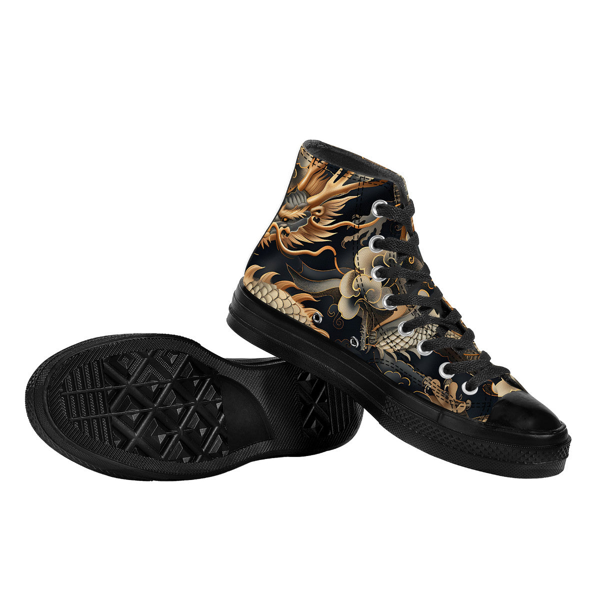 Black high-top sneakers with dragon design on a white background
