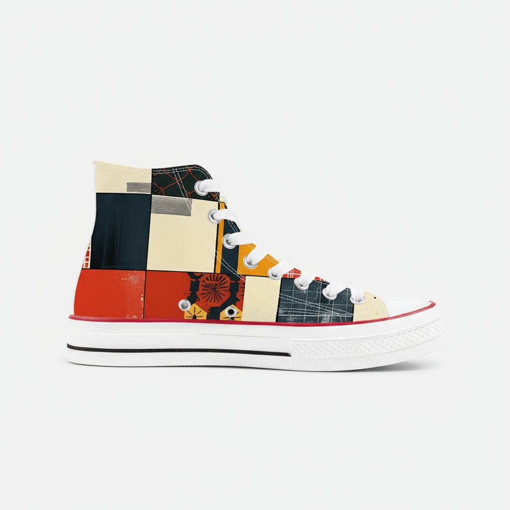 Abstract Kokon Patchwork pattern high top canvas shoes with colorful Japanese Wagara design.