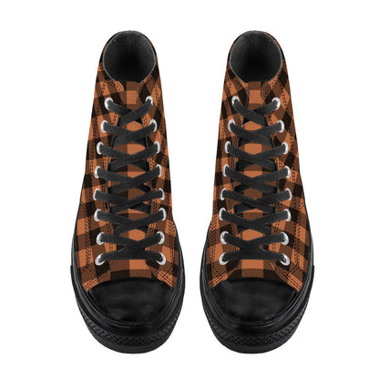 Black and brown checkered pattern canvas high top sneakers with Japanese Wagara design.