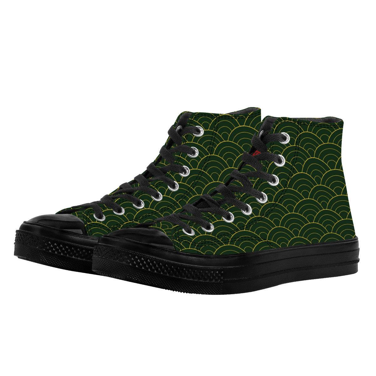 High-top sneakers with green wave pattern on a white background