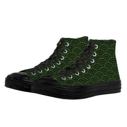 High-top sneakers with green wave pattern on a white background