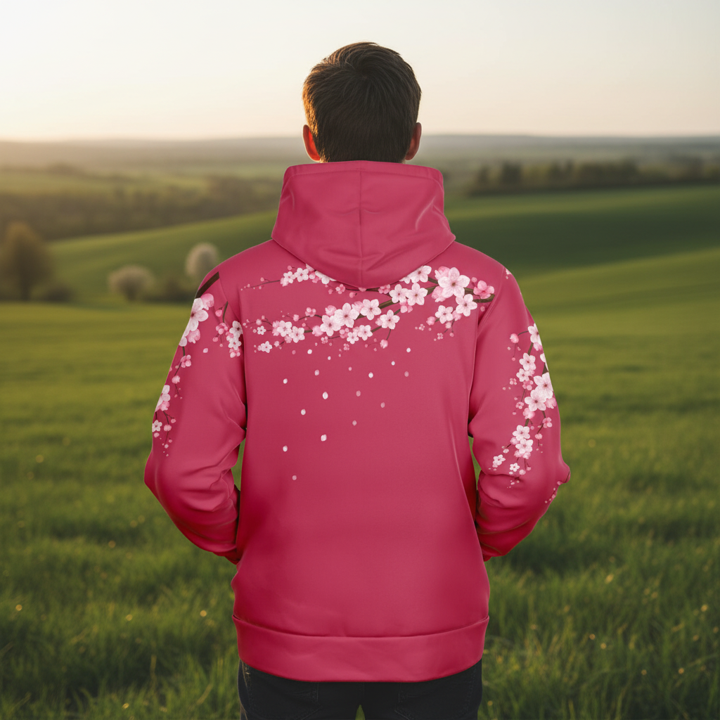 Man wearing a crimson hoodie with floral designs in an urban setting