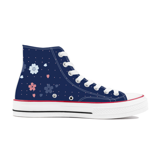 Navy high-top sneaker with floral patterns on a white background