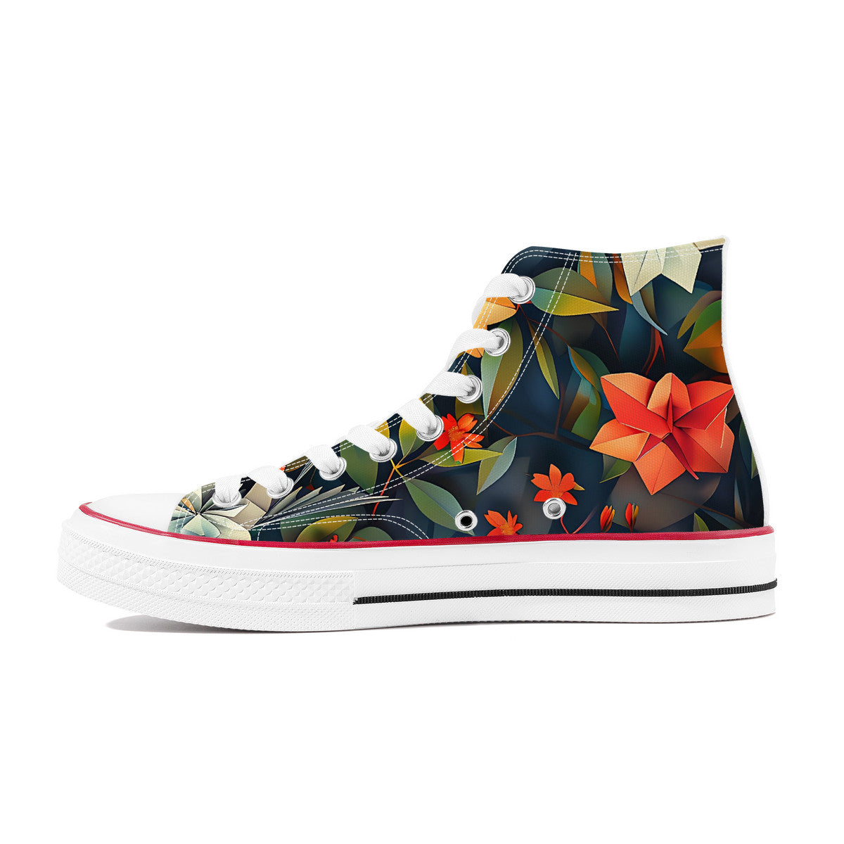 High-top sneaker with colorful floral pattern on a white background