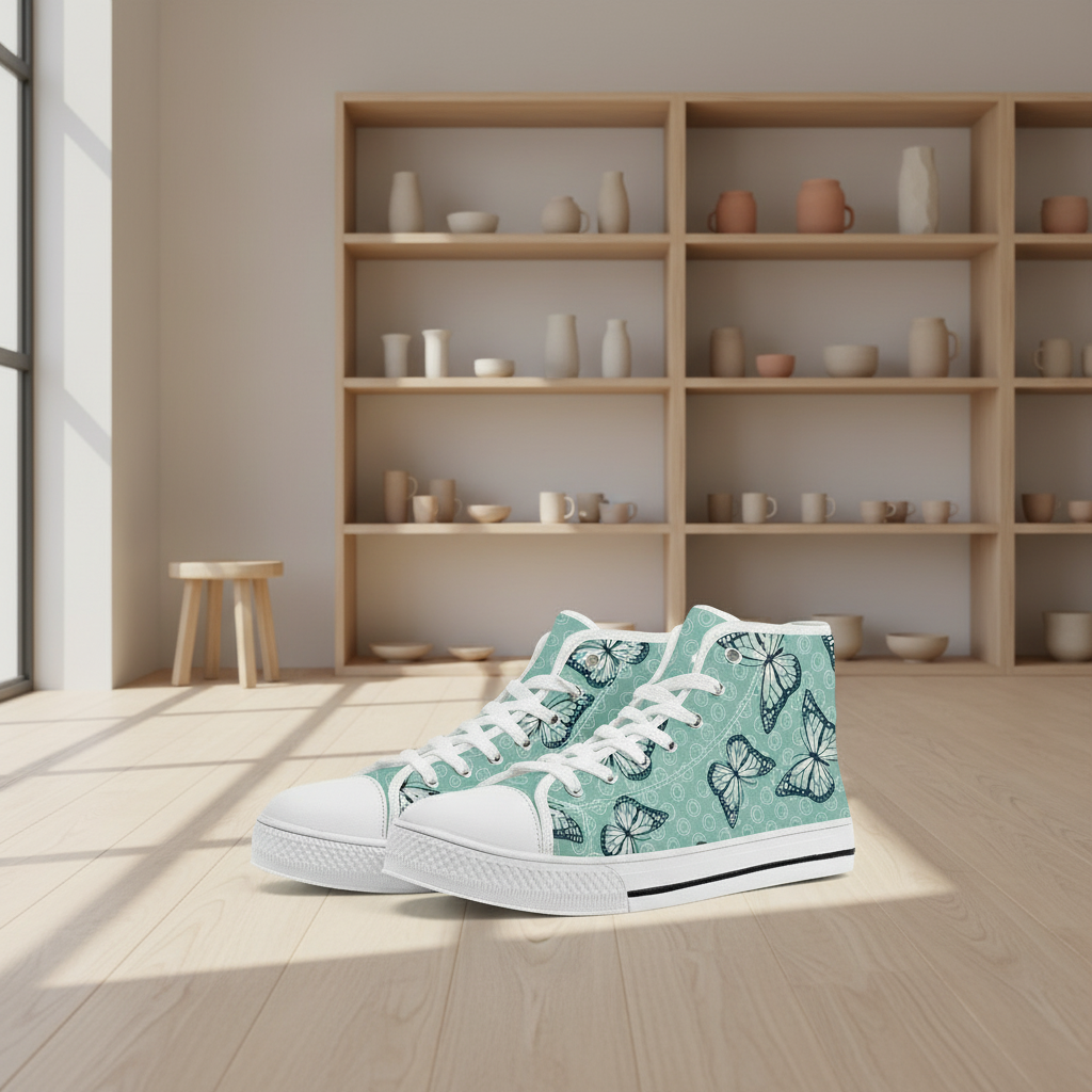 Green high-top sneakers with butterfly pattern on a wooden floor in a room with shelves.