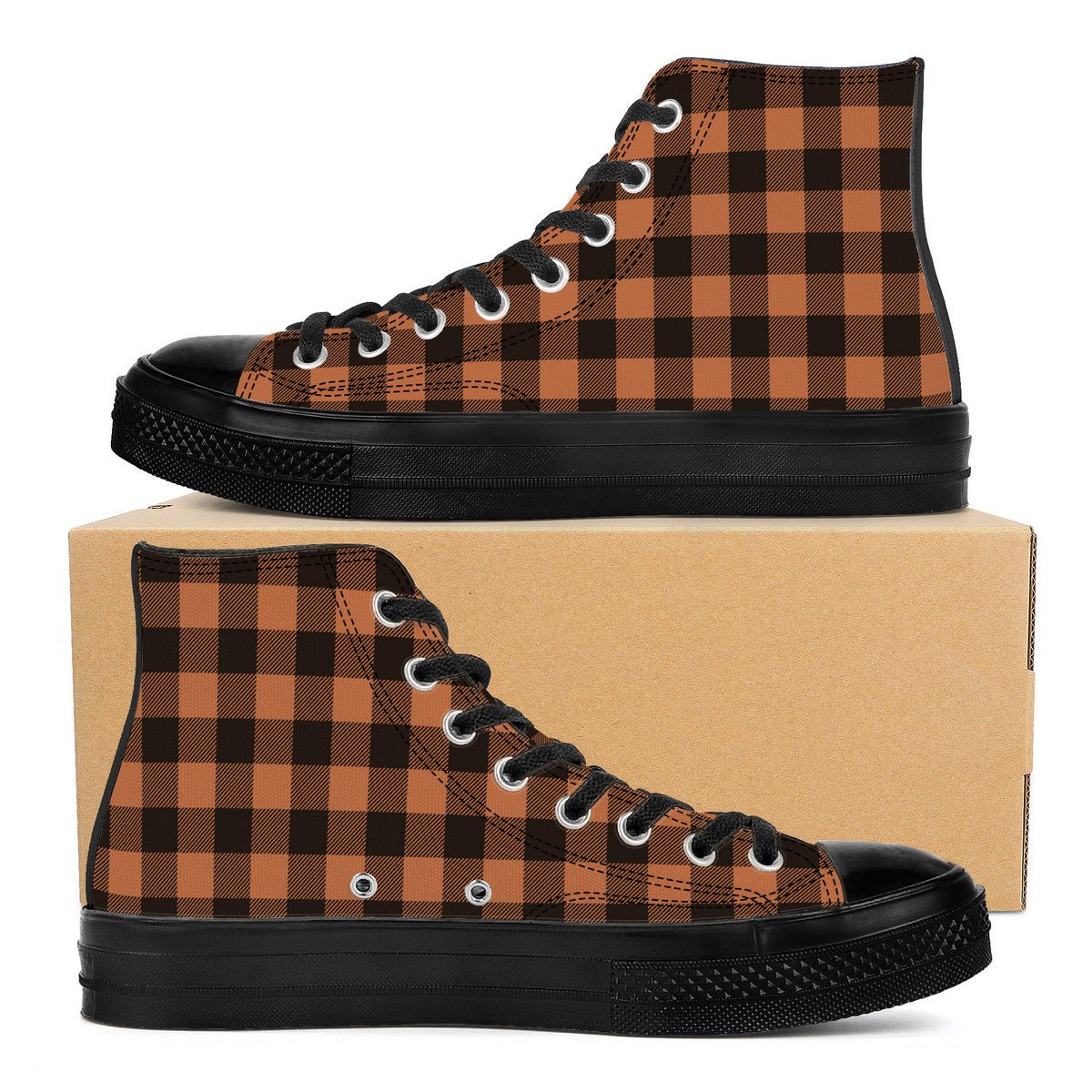 Black and brown checkered pattern canvas high top sneakers with Japanese Wagara design.