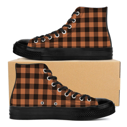 Black and brown checkered pattern canvas high top sneakers with Japanese Wagara design.
