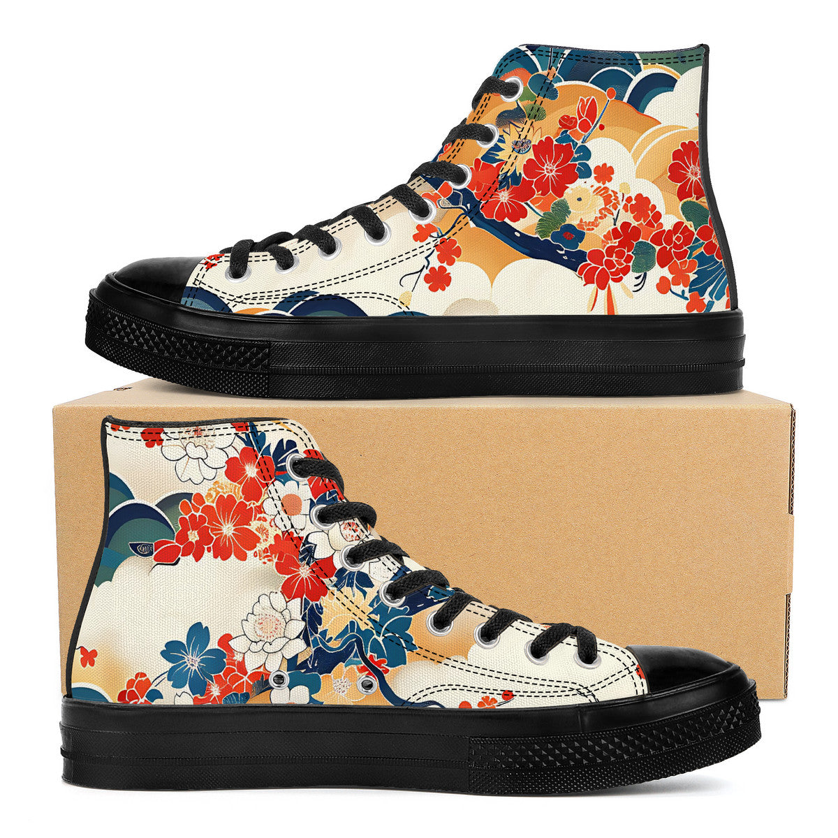 Colorful floral high-top sneakers with a box on a white background