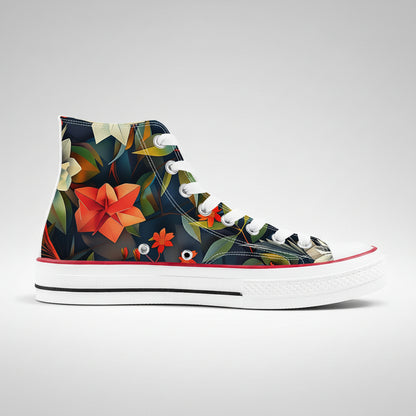 Premium high-top canvas sneakers featuring an intricate orange and gold botanical floral print inspired by traditional Japanese garden illustrations on a dark background.