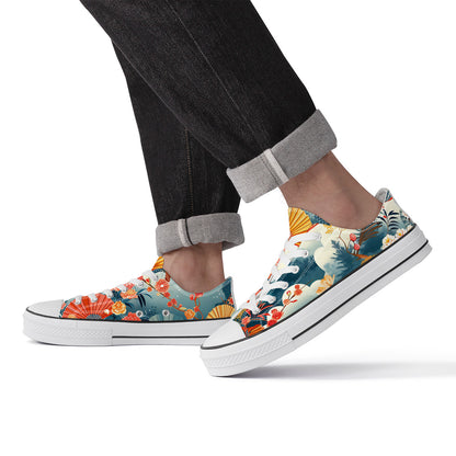 Colorful floral sneakers worn with rolled-up jeans on a white background