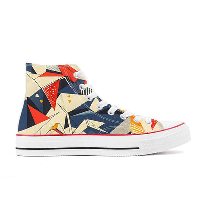 Colorful abstract geometric pattern high top canvas sneakers with Japanese origami style.
