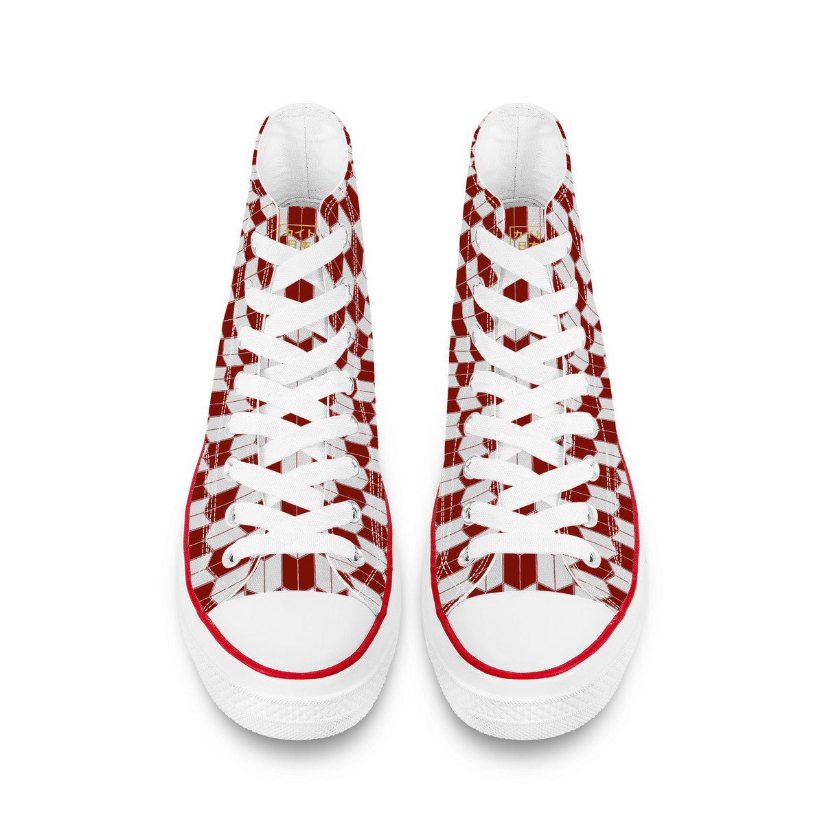 White sneakers with red and white patterned design on a white background