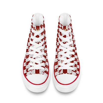 White sneakers with red and white patterned design on a white background