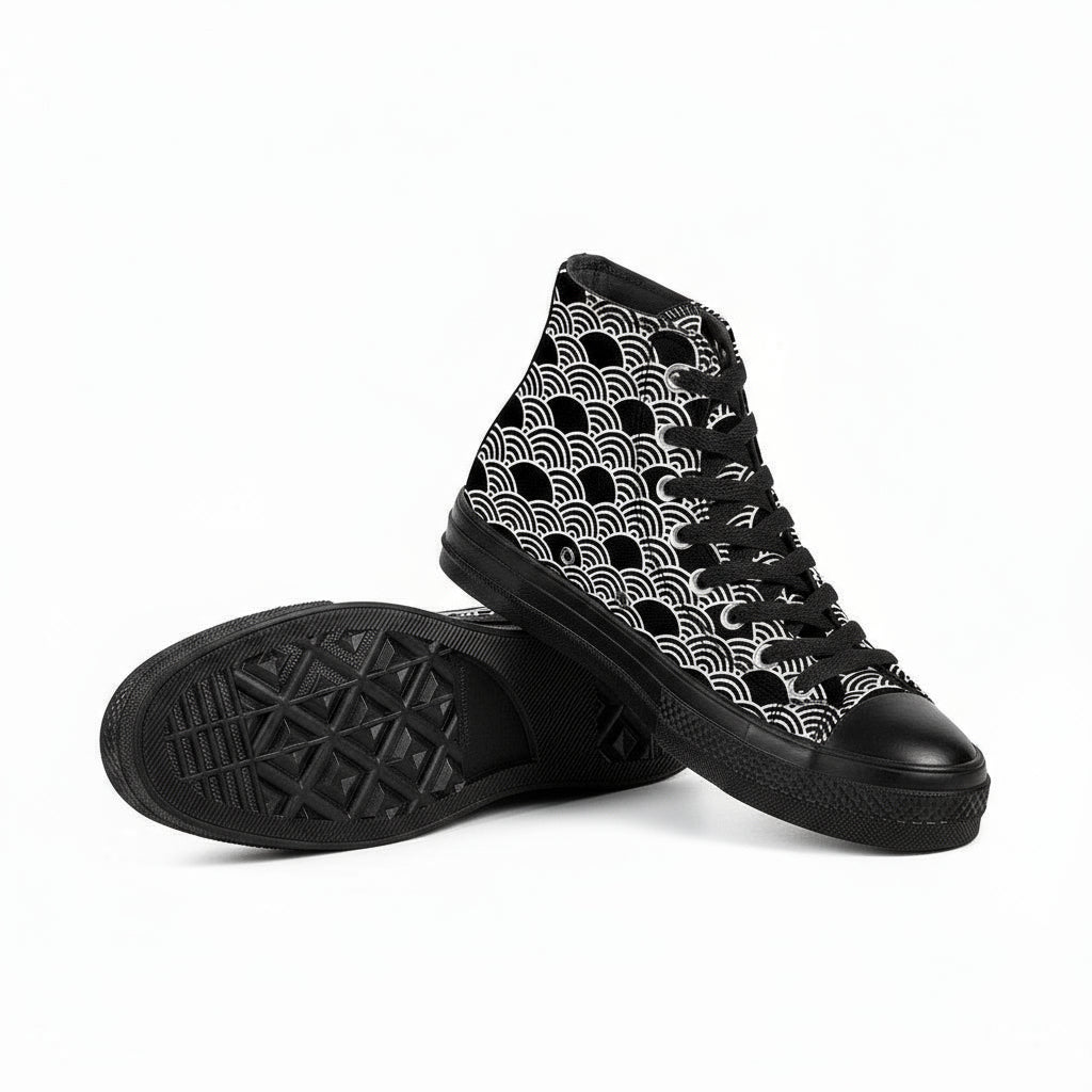 Black high-top sneakers with white geometric pattern on a white background