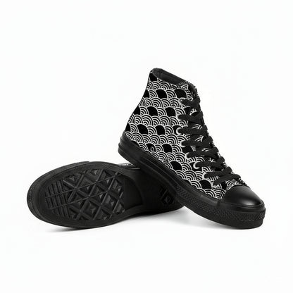 Black high-top sneakers with white geometric pattern on a white background