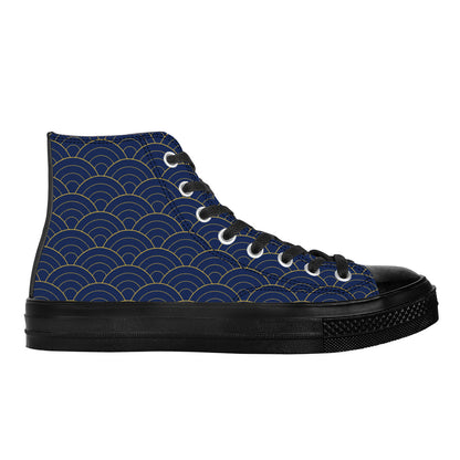 Blue high-top sneaker with wave pattern on a white background