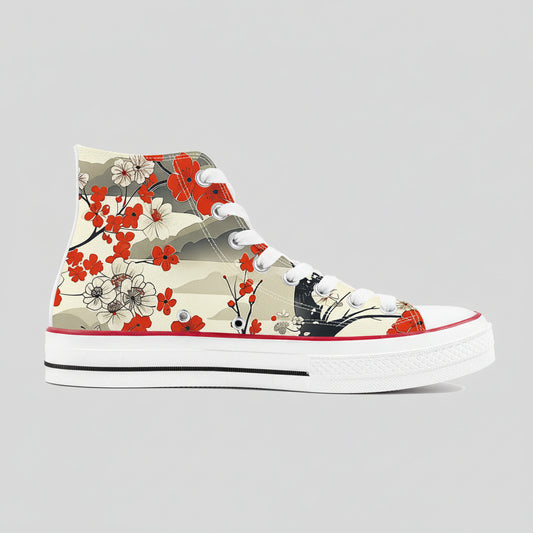 A pair of high-top canvas sneakers, predominantly white, with a stylized Japanese floral pattern featuring red cherry blossoms, black and white branches, and subtle gray mountain or cloud motifs on a pale yellow background. The sneakers have white laces, white rubber soles with a black stripe, and a red line accent above the sole. They are presented at an angle on a plain white background.