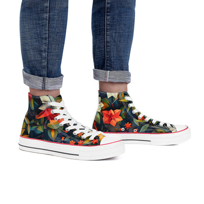 Floral patterned high-top sneakers worn with rolled-up jeans on a white background