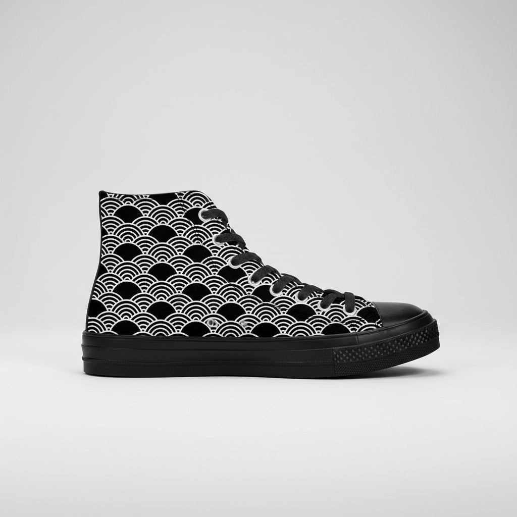 Black high-top sneaker with white wave pattern on a white background