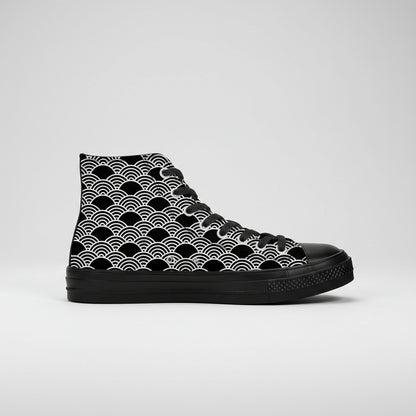 Black high-top sneaker with white wave pattern on a white background
