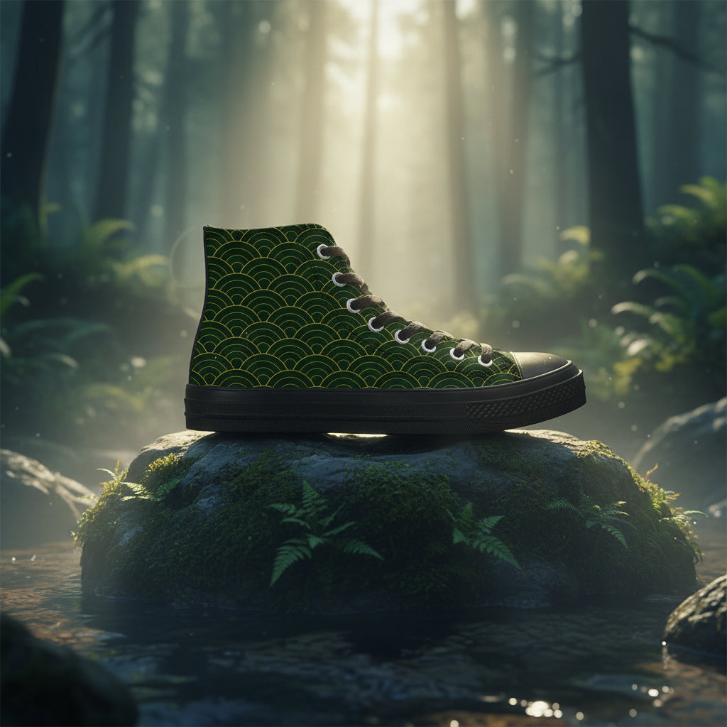 Green high-top sneaker with wave pattern on a white background