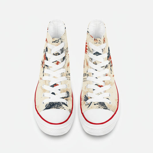 Red and black Japanese dragon print canvas high top sneakers with dark background.