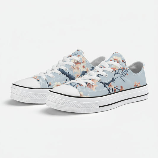 Pair of floral-patterned sneakers on a white background