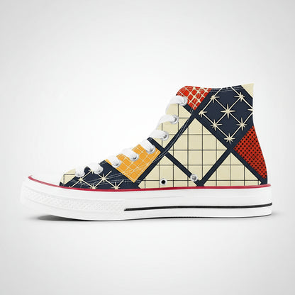 Colorful Hishi Diamond Quilt pattern high top canvas sneakers with Japanese Wagara design.
