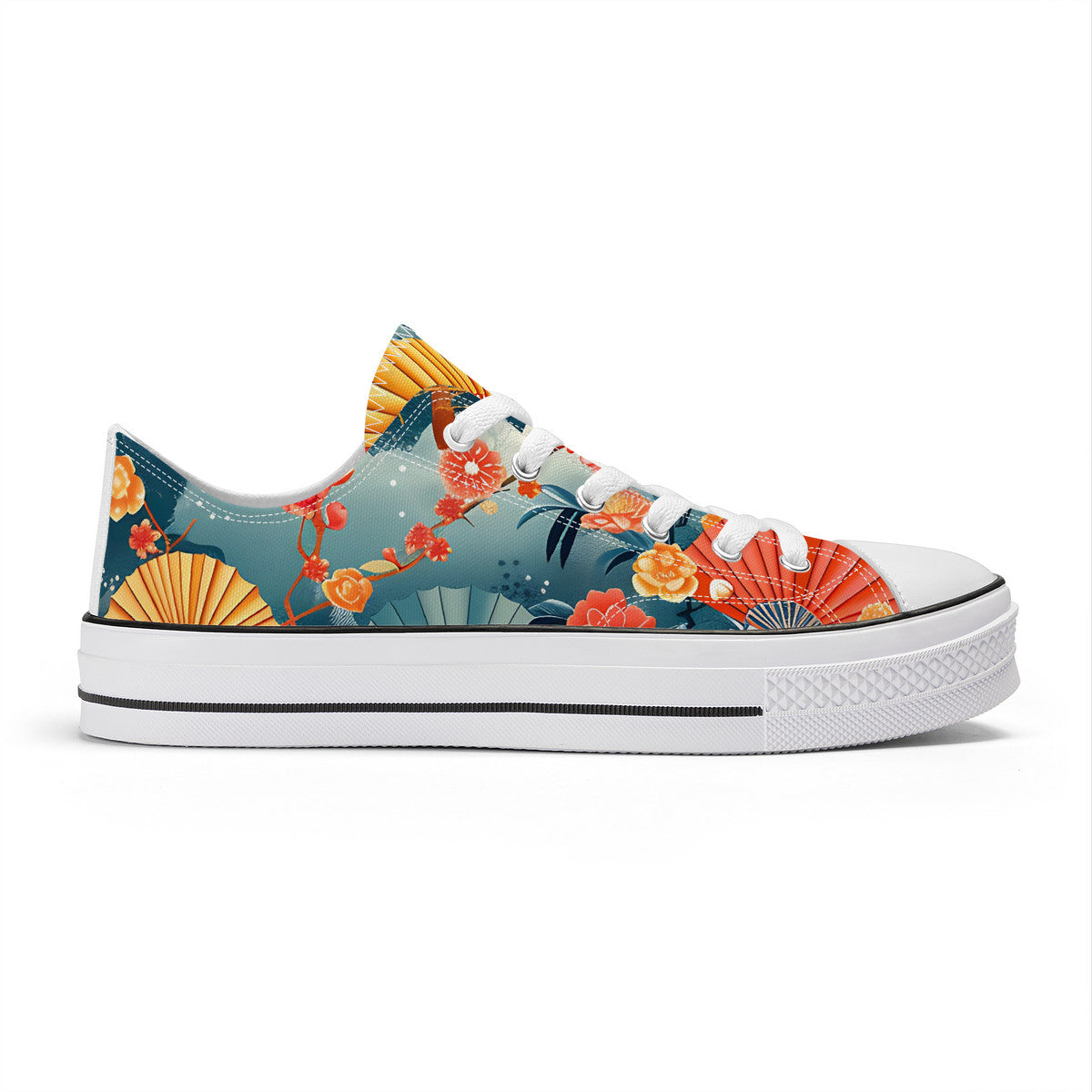 Sneaker with floral and fan design on a white background