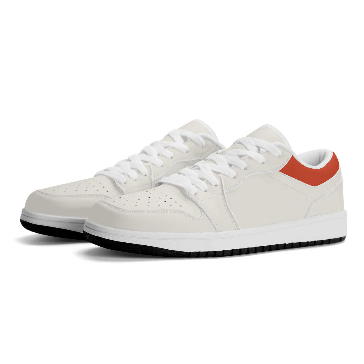 White sneakers with a red logo on a white background
