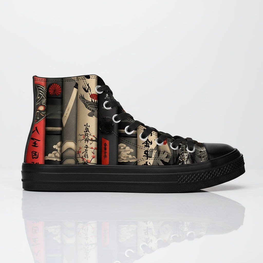 Premium black high-top canvas sneakers featuring a vertical print of traditional Japanese book spines with calligraphy titles and vintage paper textures.
