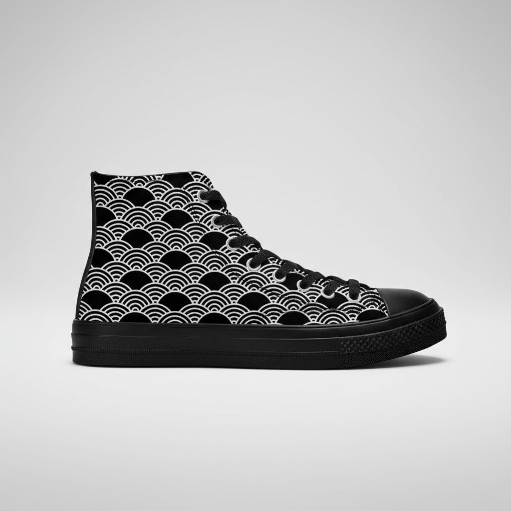 Black and white Kuro Nami (Black Wave) pattern canvas high top sneakers with minimalist Japanese wave design.