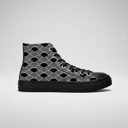 Black and white Kuro Nami (Black Wave) pattern canvas high top sneakers with minimalist Japanese wave design.
