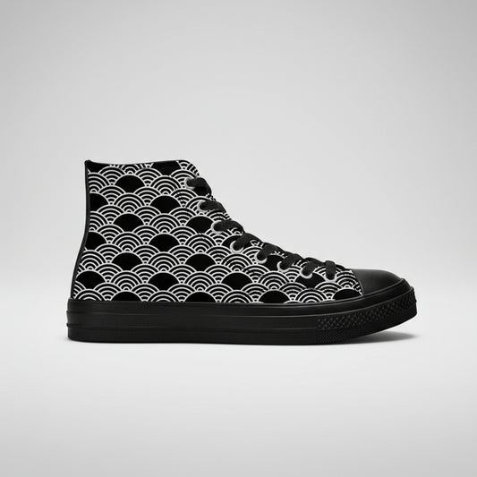 Black and white Kuro Nami (Black Wave) pattern canvas high top sneakers with minimalist Japanese wave design.