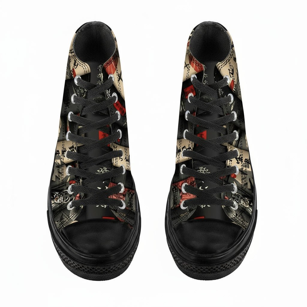 Black High - Top Sneakers with Japanese Book Spine Print - 