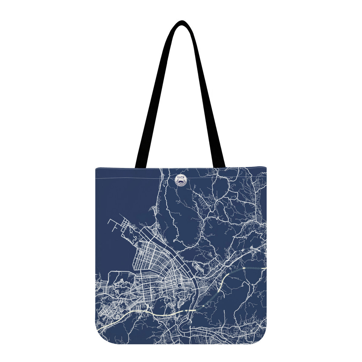 Tote bag with a city map design on a white background