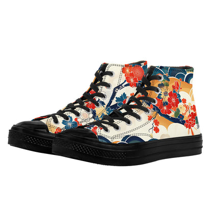 High-top sneakers with colorful floral and wave design on a white background