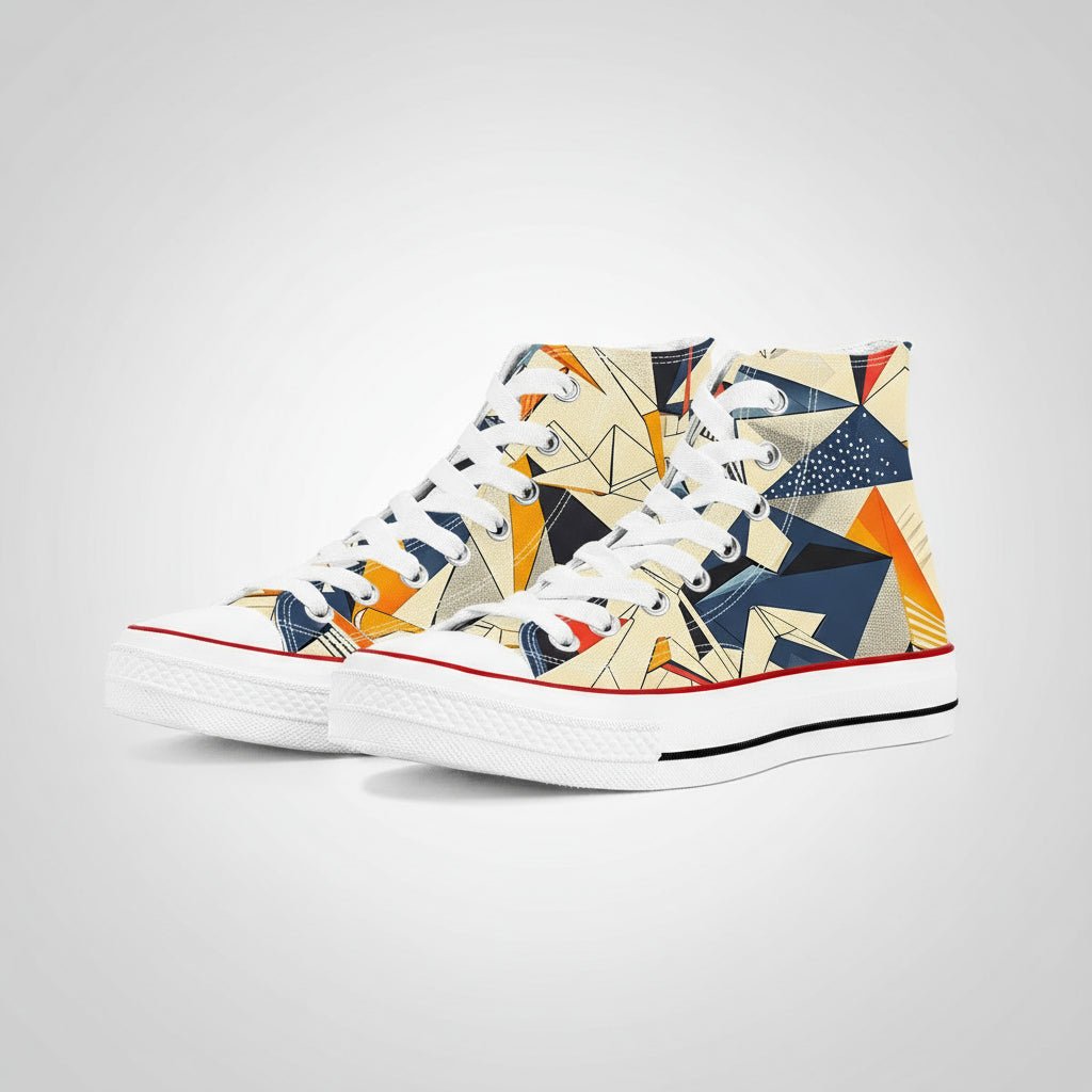 Colorful abstract geometric pattern high top canvas sneakers with Japanese origami style.