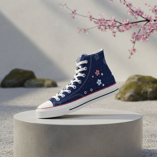 Red and white geometric patterned high-top sneaker on a white background
