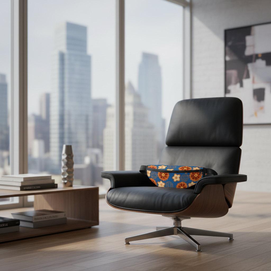 Modern black leather armchair in a room with large windows and cityscape view.