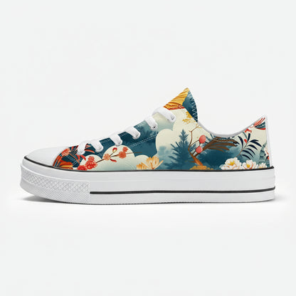 Sneaker with a colorful floral and nature design on a white background