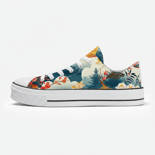 Sneaker with a colorful floral and nature design on a white background